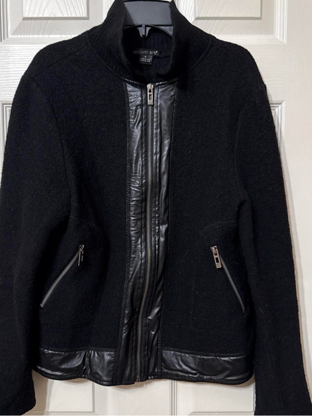 august silk Black Wool-Blend Zip Jacket with Leather-Trim